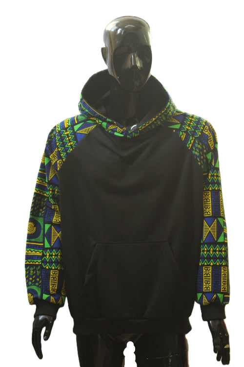 "Blue and Green African Geometric Print" Pullover Hoodie
