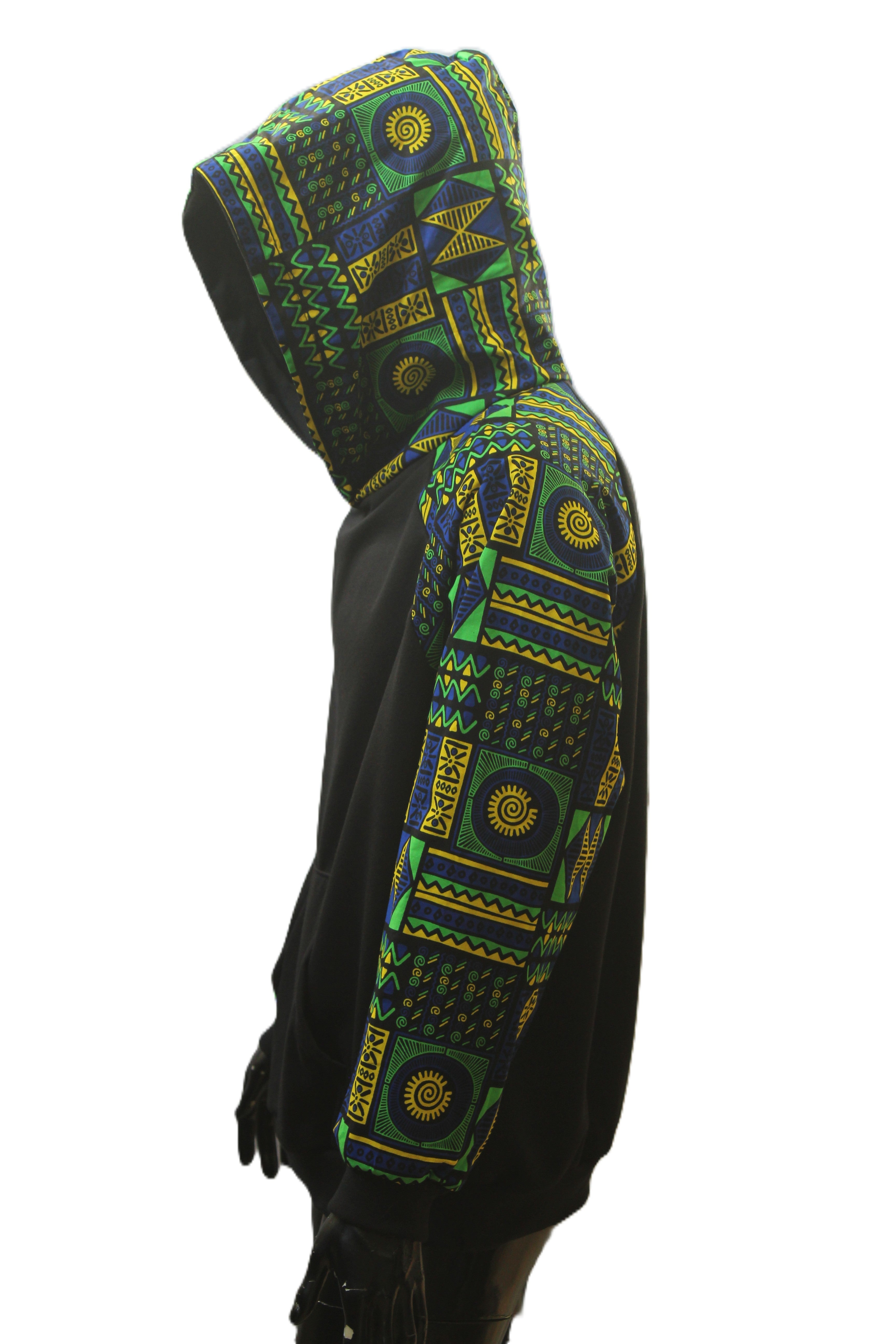 "Blue and Green African Geometric Print" Pullover Hoodie