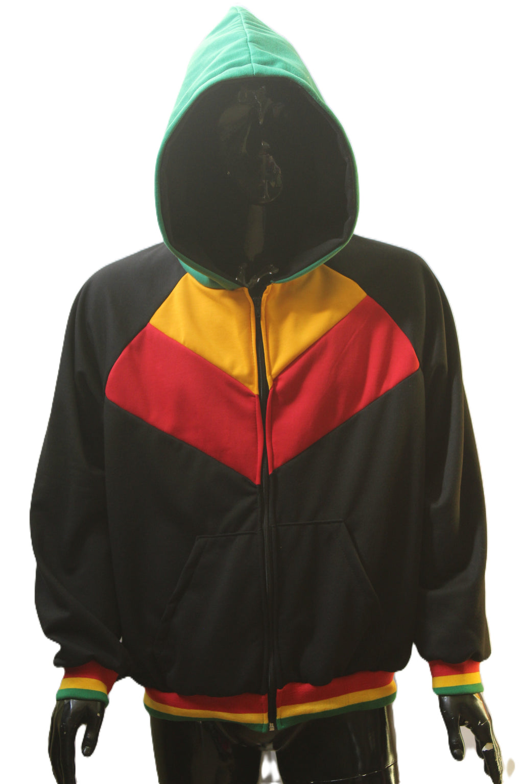 "Rasta Chevron with Striped Trim" Zip-Up Hoodie