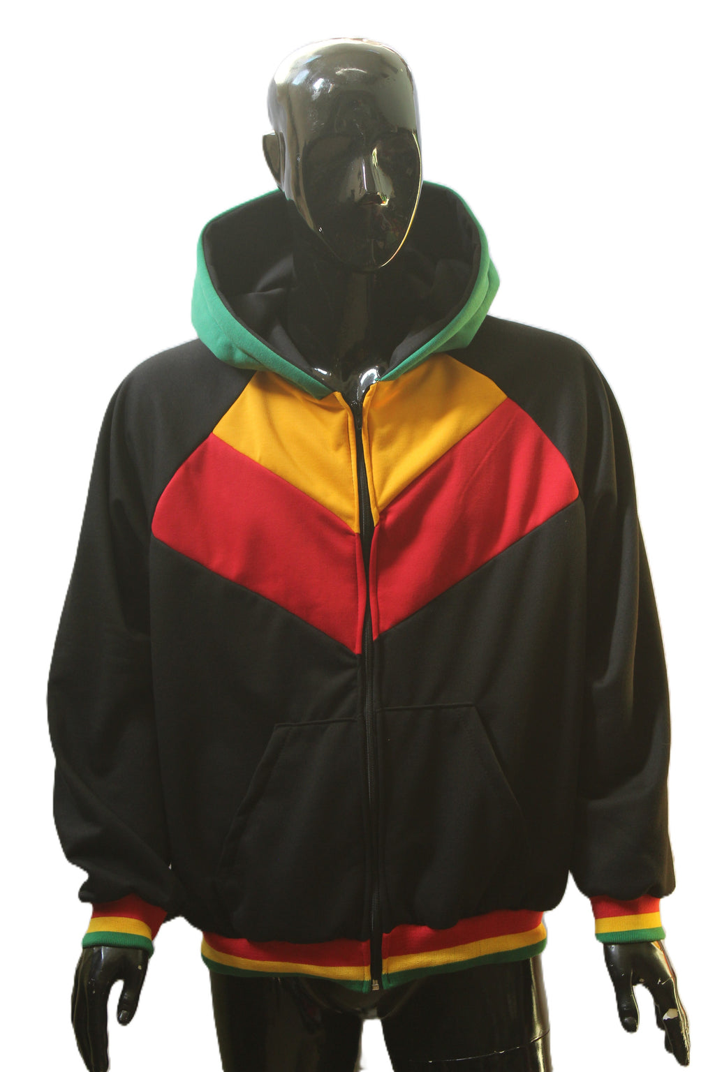 "Rasta Chevron with Striped Trim" Zip-Up Hoodie